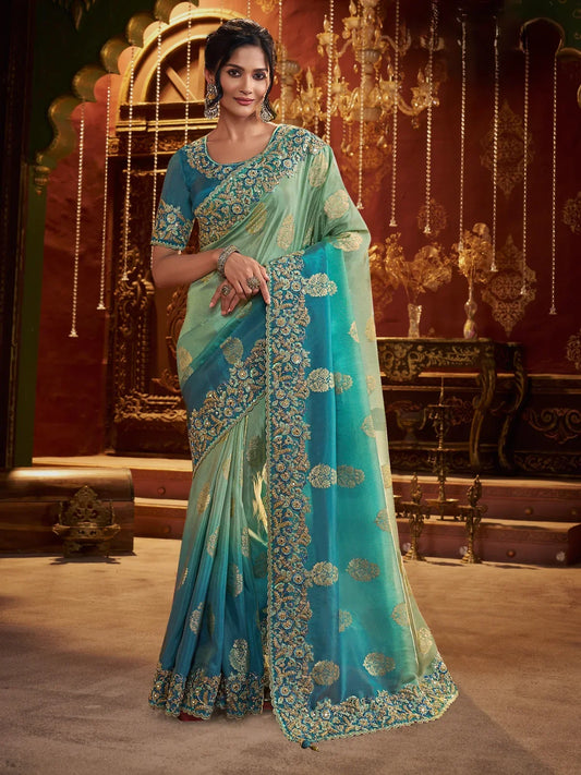 Rangvi Sea Green Ombre Silk Saree with Zari Work & Floral Motifs.