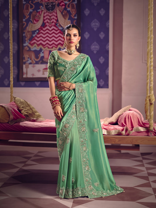 Rangvi Tarang Viscose Zari Tissue Designer Embroidered Green Saree