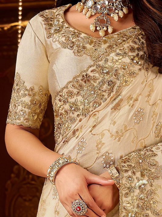 Rangvi Exquisite Cream Silk Embroidered Saree