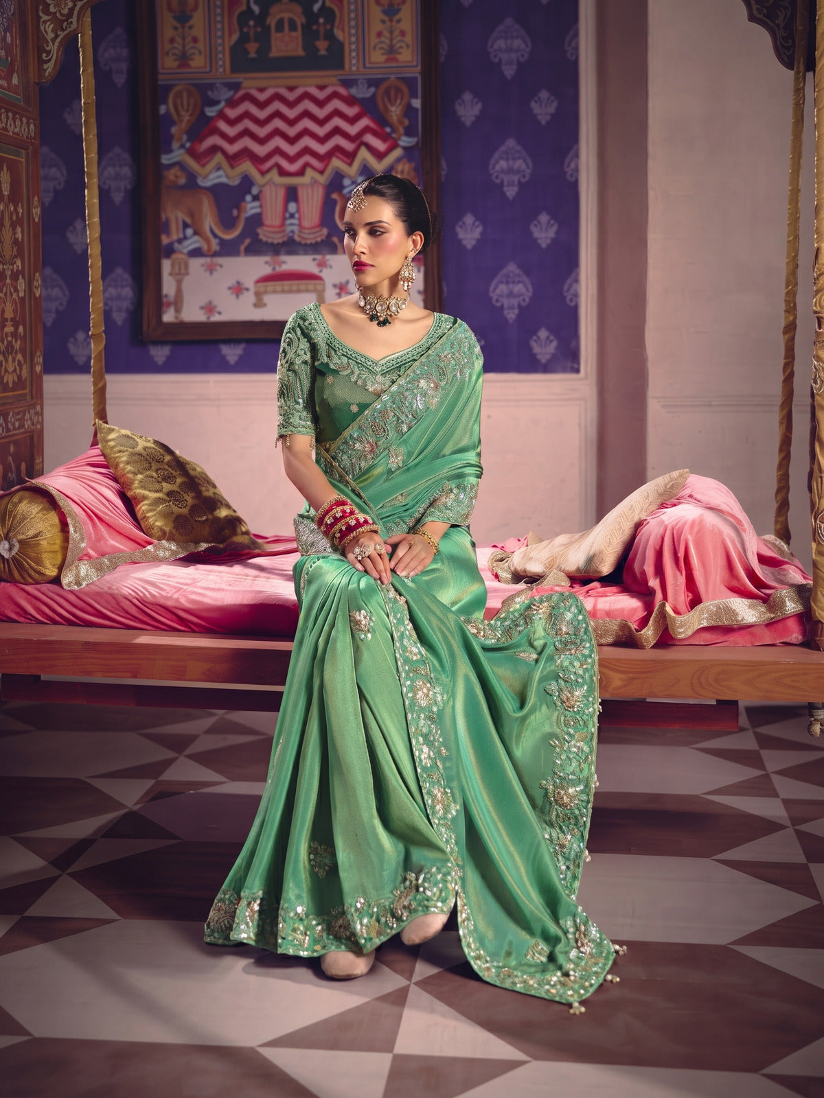 Rangvi Tarang Viscose Zari Tissue Designer Embroidered Green Saree