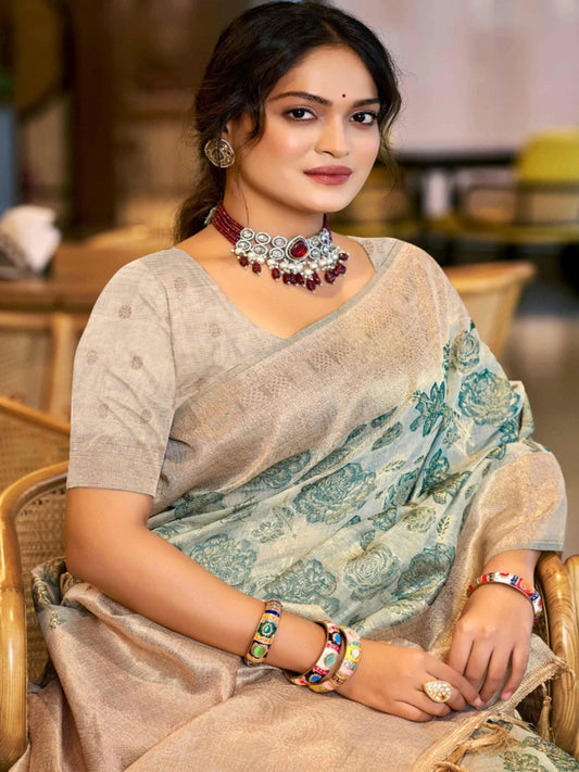 Rangvi Triveni Cotton Silk Designer Saree with Green Floral Weaving & Zari Border