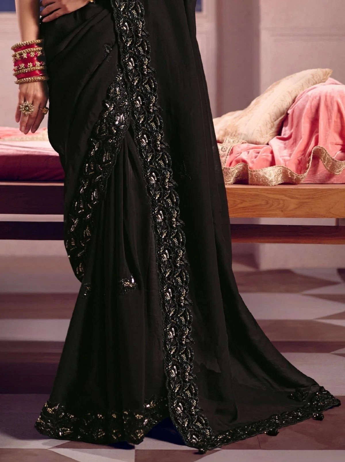 Black Ombre Tissue Silk Saree with Heavy Embroidered Work Saree.