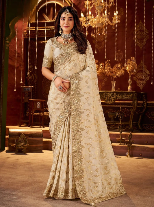 Rangvi Exquisite Cream Silk Embroidered Saree