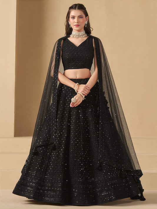 Black Georgette Semi-Stitched Lehenga Choli with Soft Net Dupatta