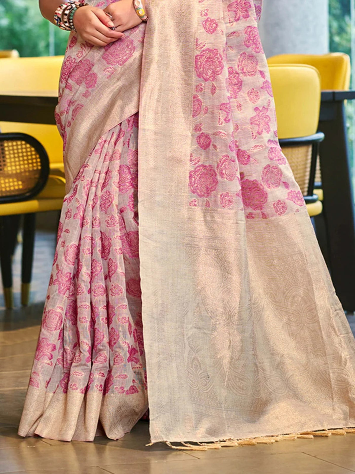 Rangvi Triveni Cotton Silk Designer Saree with Pink Floral Weaving & Zari Border