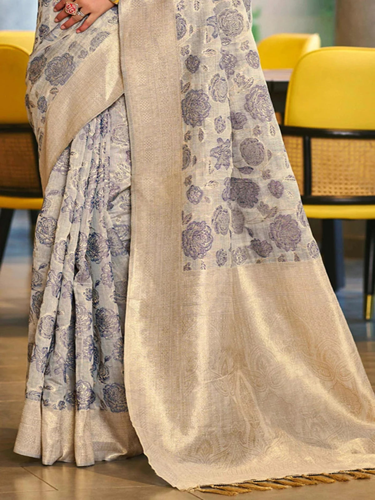Rangvi Triveni Cotton Silk Designer Saree with Grey Floral Weaving & Zari Border