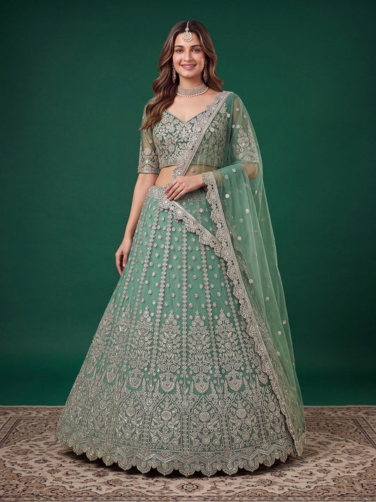 Pista Soft Net Semi-Stitched Lehenga Choli with Dupatta