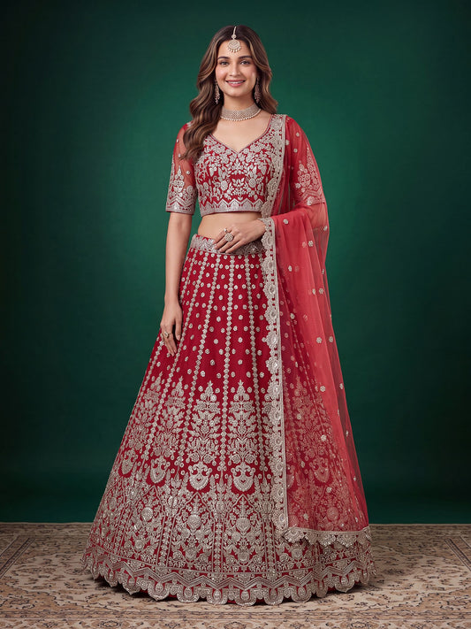 Red Soft Net Semi-Stitched Lehenga Choli with Dupatta