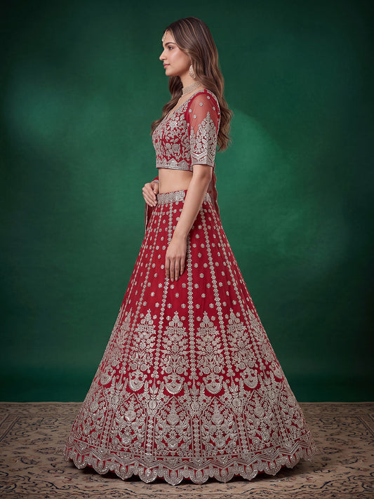 Red Soft Net Semi-Stitched Lehenga Choli with Dupatta