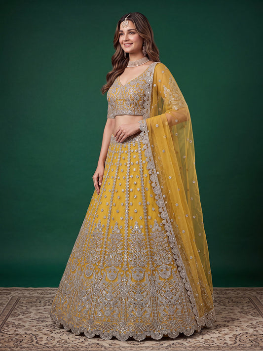 Yellow Soft Net Semi-Stitched Lehenga Choli with Dupatta