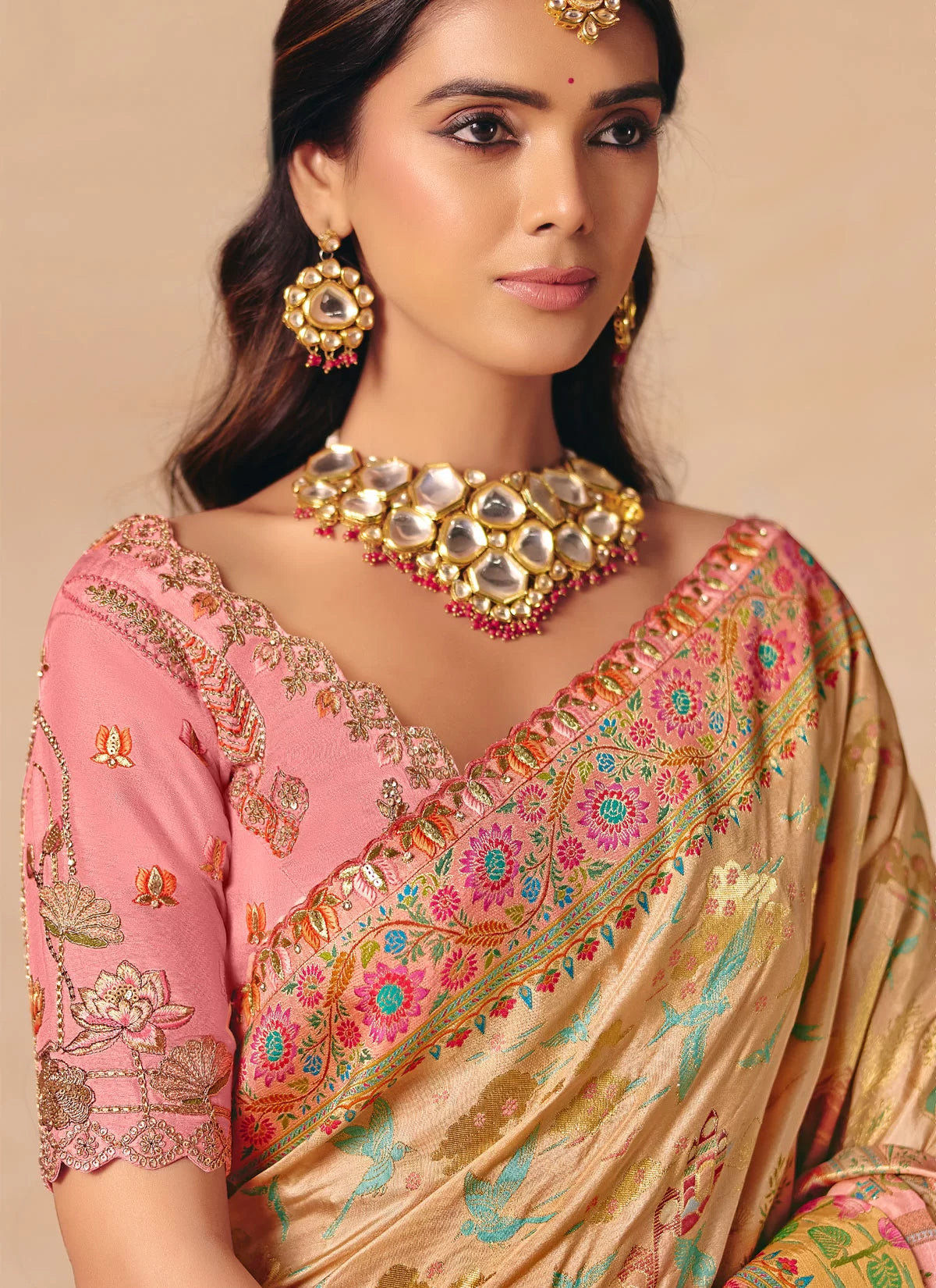 Rangvi Pink New Designer Embroidered Dola Zari Silk Festive Saree