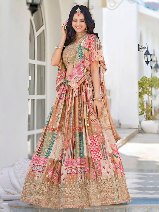 Beige Chinnon Silk Semi-Stitched Lehenga Choli with Chiffon Dupatta