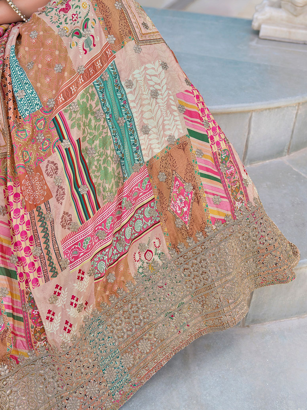 Beige Chinnon Silk Semi-Stitched Lehenga Choli with Chiffon Dupatta