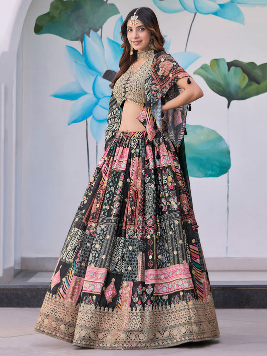 Black Chinnon Silk Semi-Stitched Lehenga Choli with Chiffon Dupatta