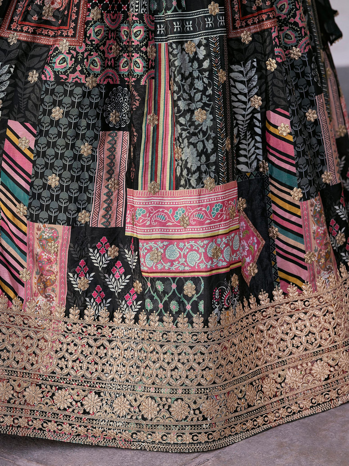 Black Chinnon Silk Semi-Stitched Lehenga Choli with Chiffon Dupatta