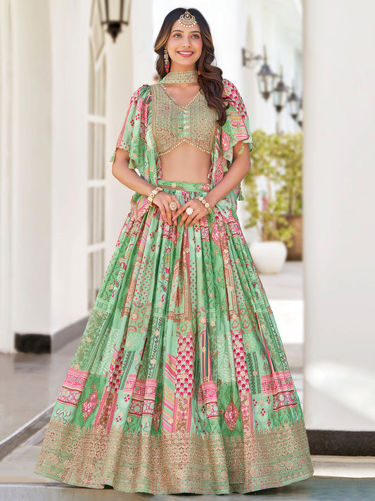 Green Chinnon Silk Semi-Stitched Lehenga Choli with Chiffon Dupatta