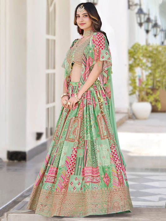 Green Chinnon Silk Semi-Stitched Lehenga Choli with Chiffon Dupatta