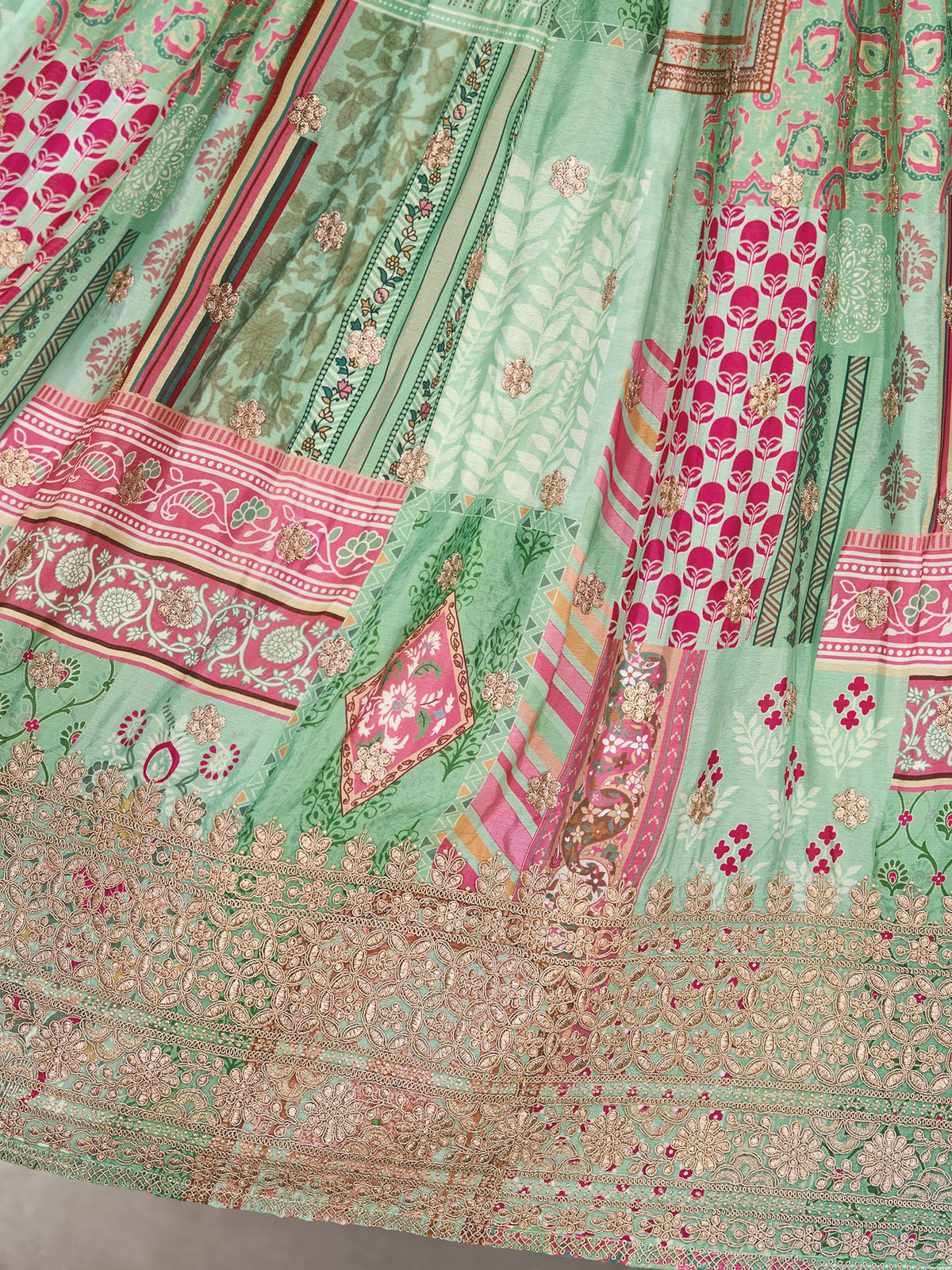 Green Chinnon Silk Semi-Stitched Lehenga Choli with Chiffon Dupatta