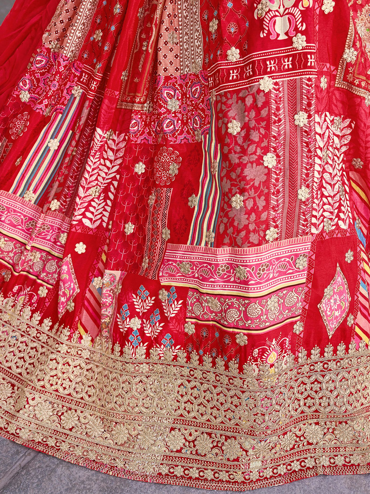 Red Chinnon Silk Semi-Stitched Lehenga Choli with Chiffon Dupatta