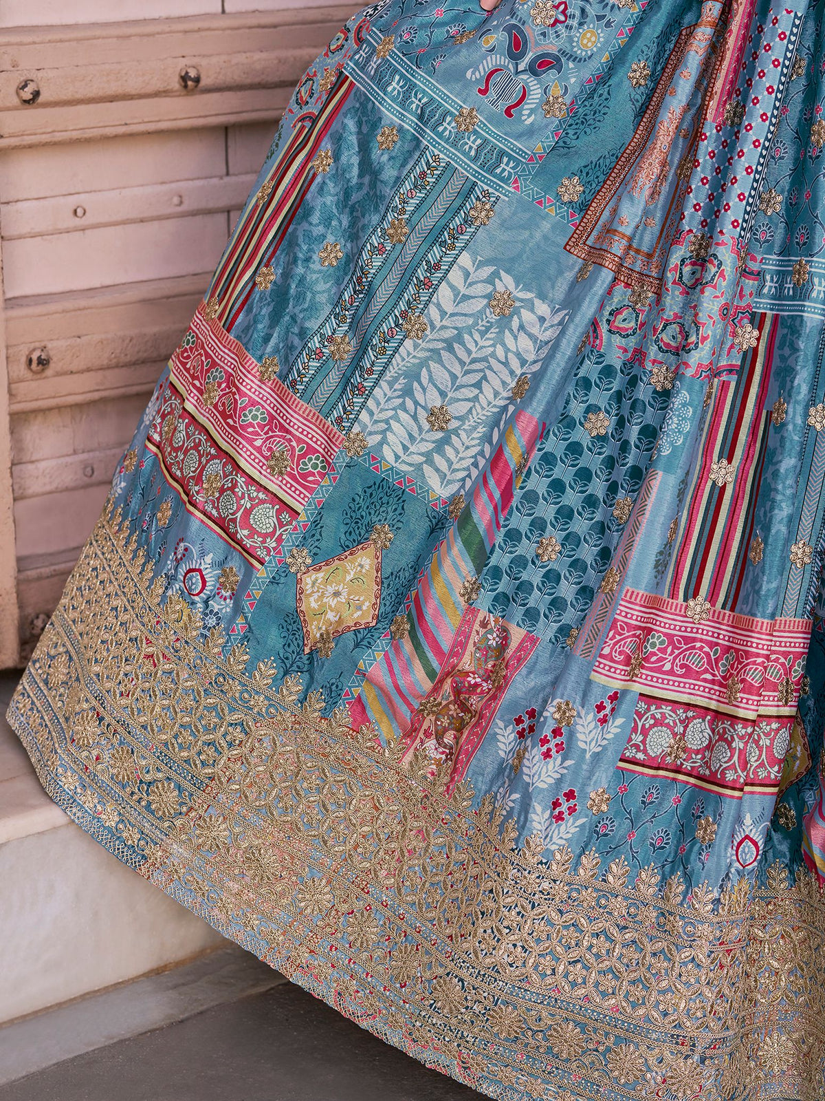 Sky Chinnon Silk Semi-Stitched Lehenga Choli with Chiffon Dupatta