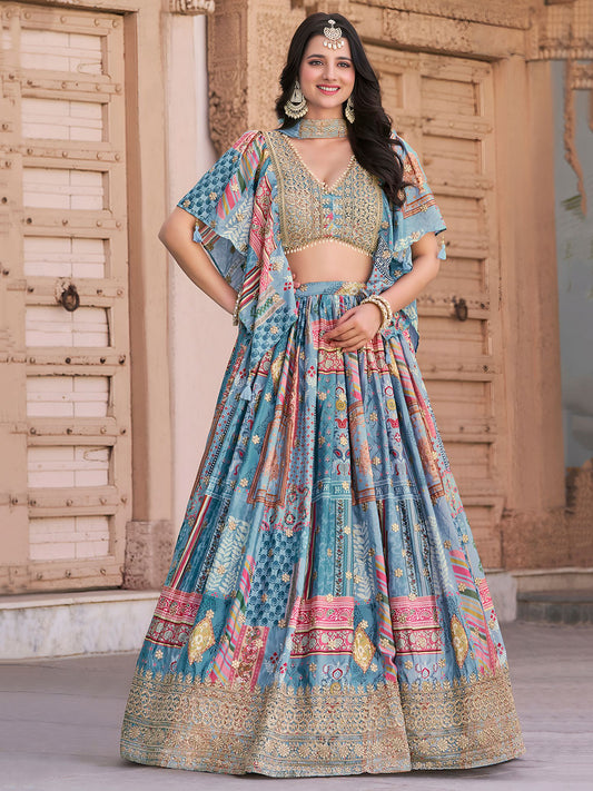 Sky Chinnon Silk Semi-Stitched Lehenga Choli with Chiffon Dupatta