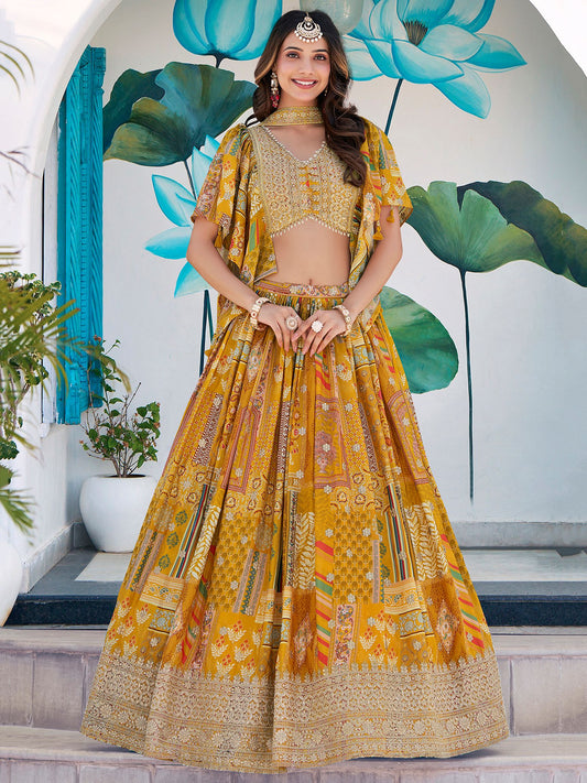 Yellow Chinnon Silk Semi-Stitched Lehenga Choli with Chiffon Dupatta