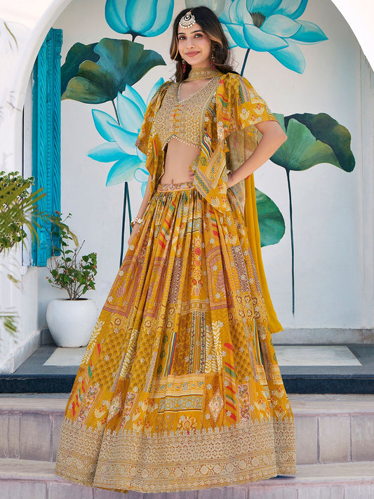 Yellow Chinnon Silk Semi-Stitched Lehenga Choli with Chiffon Dupatta