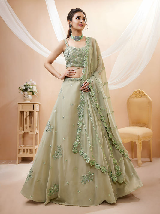 Pista Georgette Semi-Stitched Lehenga Choli with Dupatta