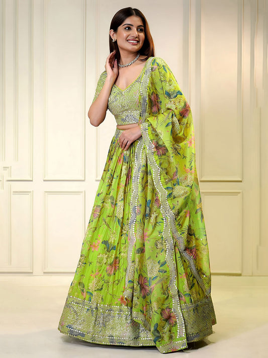 Neon Organza Semi-Stitched Lehenga Choli with Dupatta