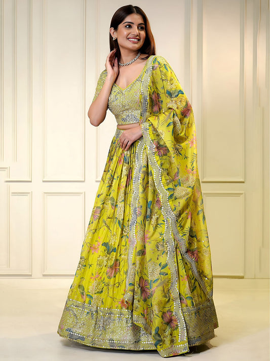 Yellow Organza Semi-Stitched Lehenga Choli with Dupatta