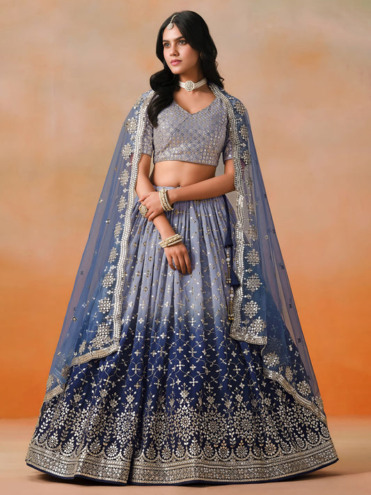 Navy Blue Georgette Semi-Stitched Lehenga Choli with Soft Net Dupatta