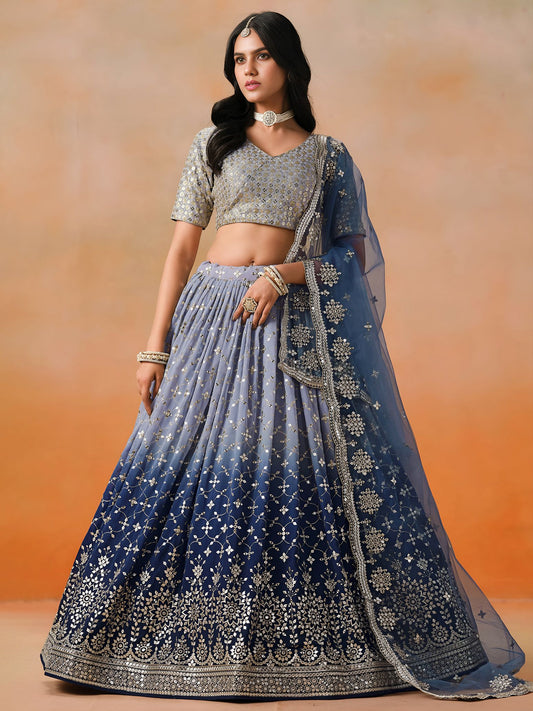 Navy Blue Georgette Semi-Stitched Lehenga Choli with Soft Net Dupatta