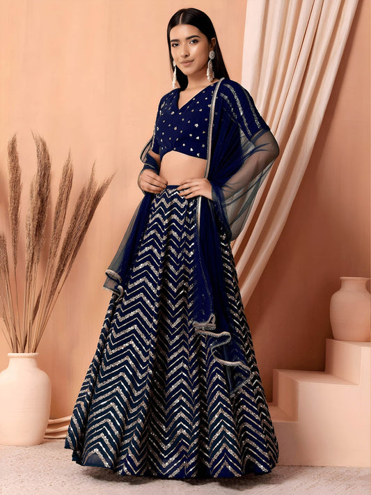 Blue Georgette Semi-Stitched Lehenga Choli with Soft Net Dupatta