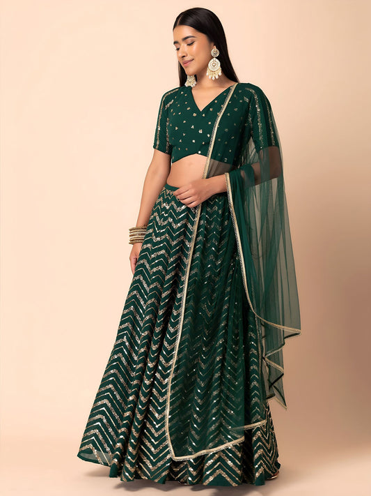 Green Georgette Semi-Stitched Lehenga Choli with Soft Net Dupatta