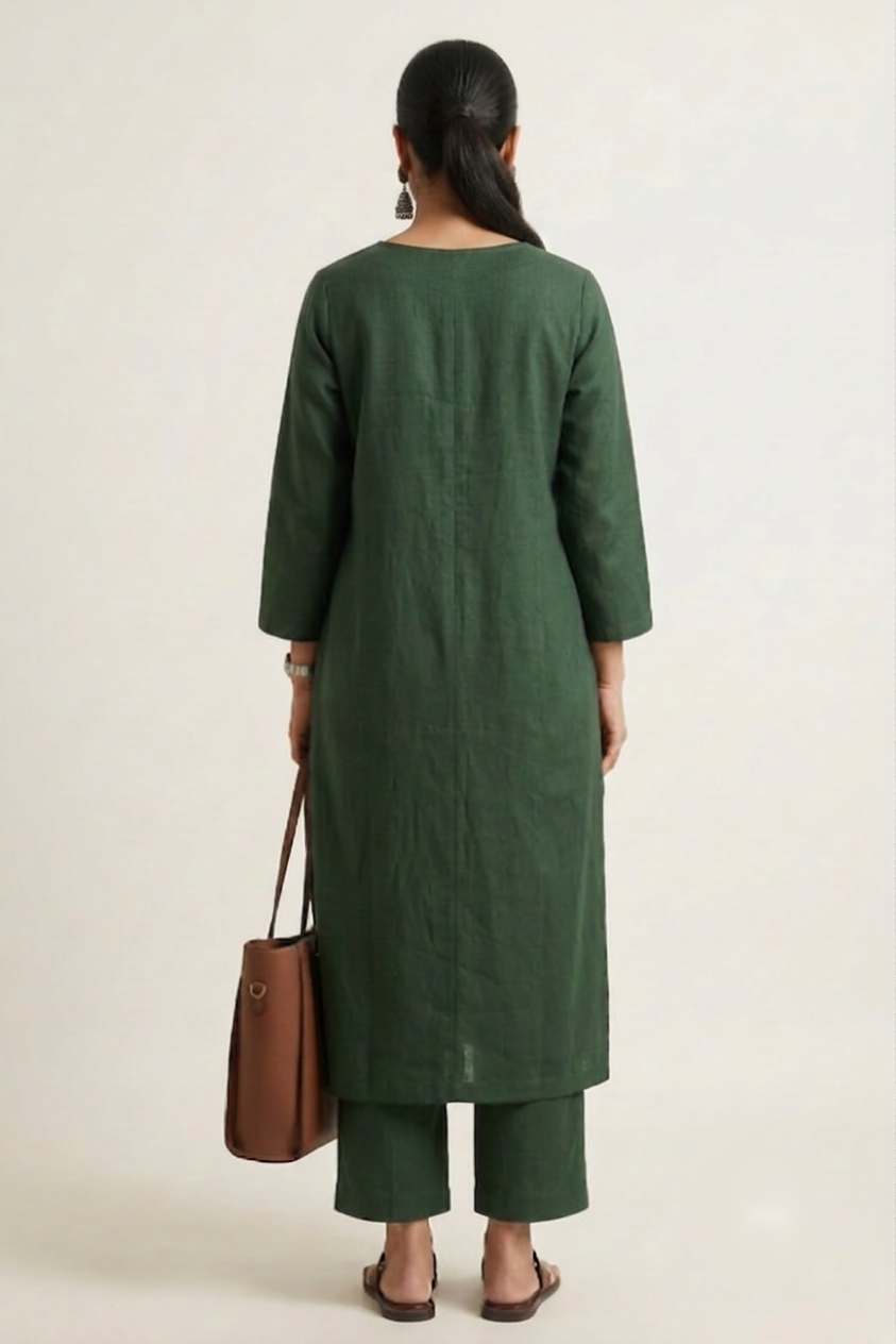 Women Forest Green Cotton Slub Straight Kurta with Trousers