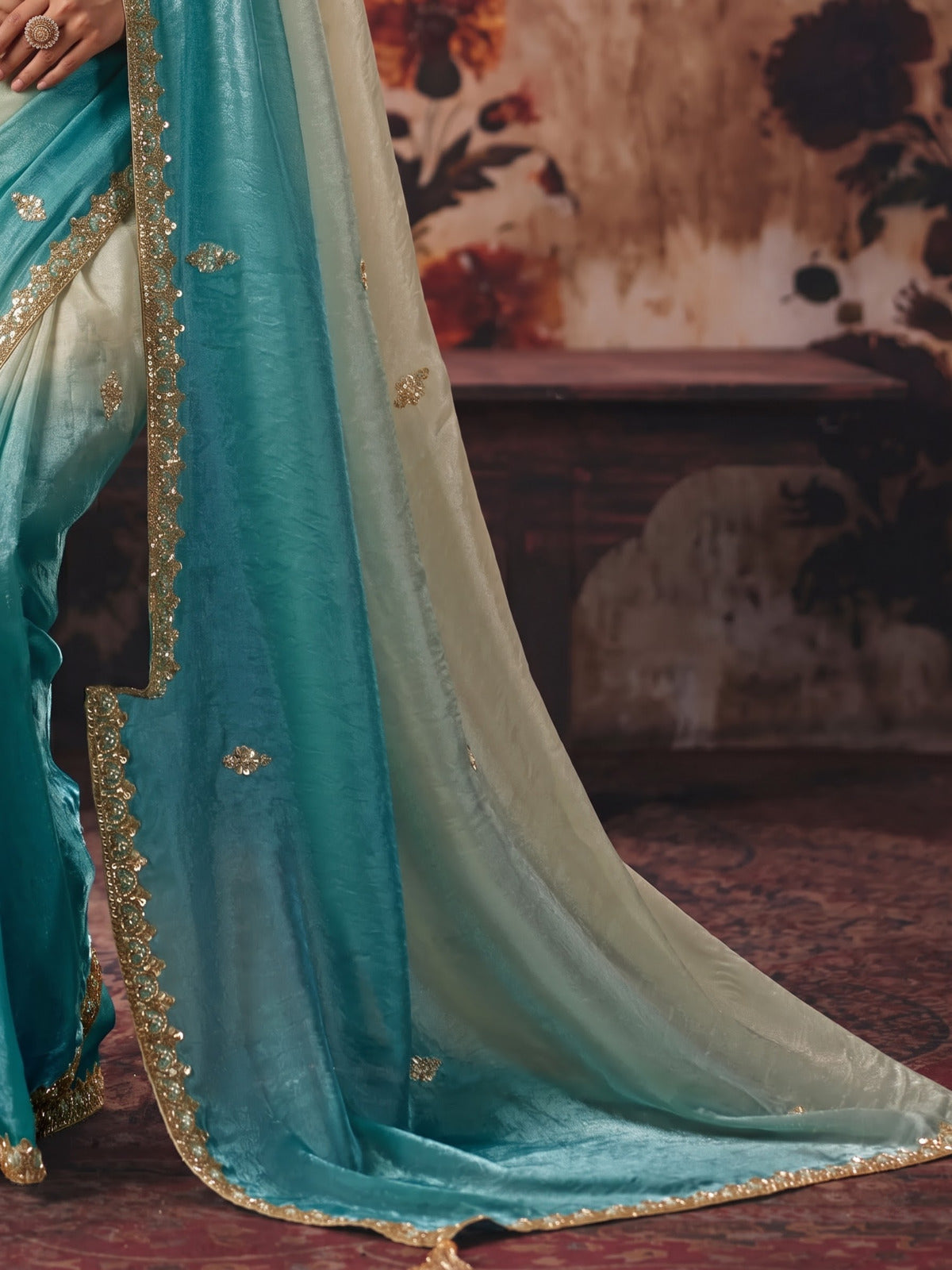 Rangvi Dual-Tone Turquoise Blue & Off-White Ombre Fendi Satin Designer Saree
