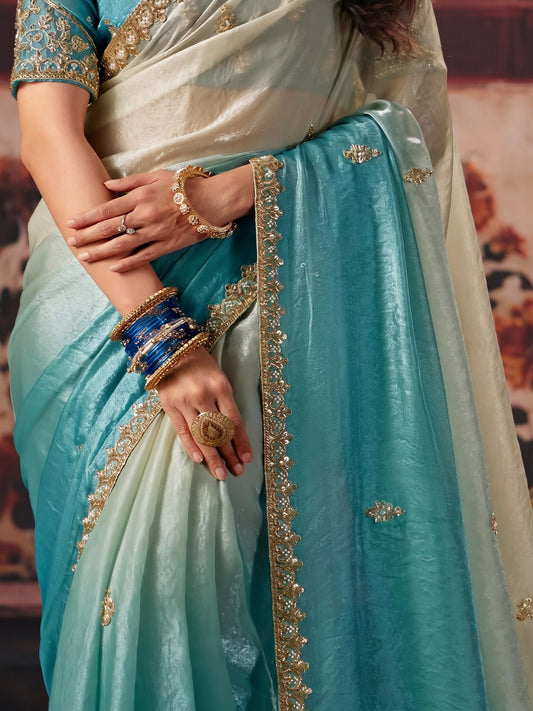 Rangvi Dual-Tone Turquoise Blue & Off-White Ombre Fendi Satin Designer Saree