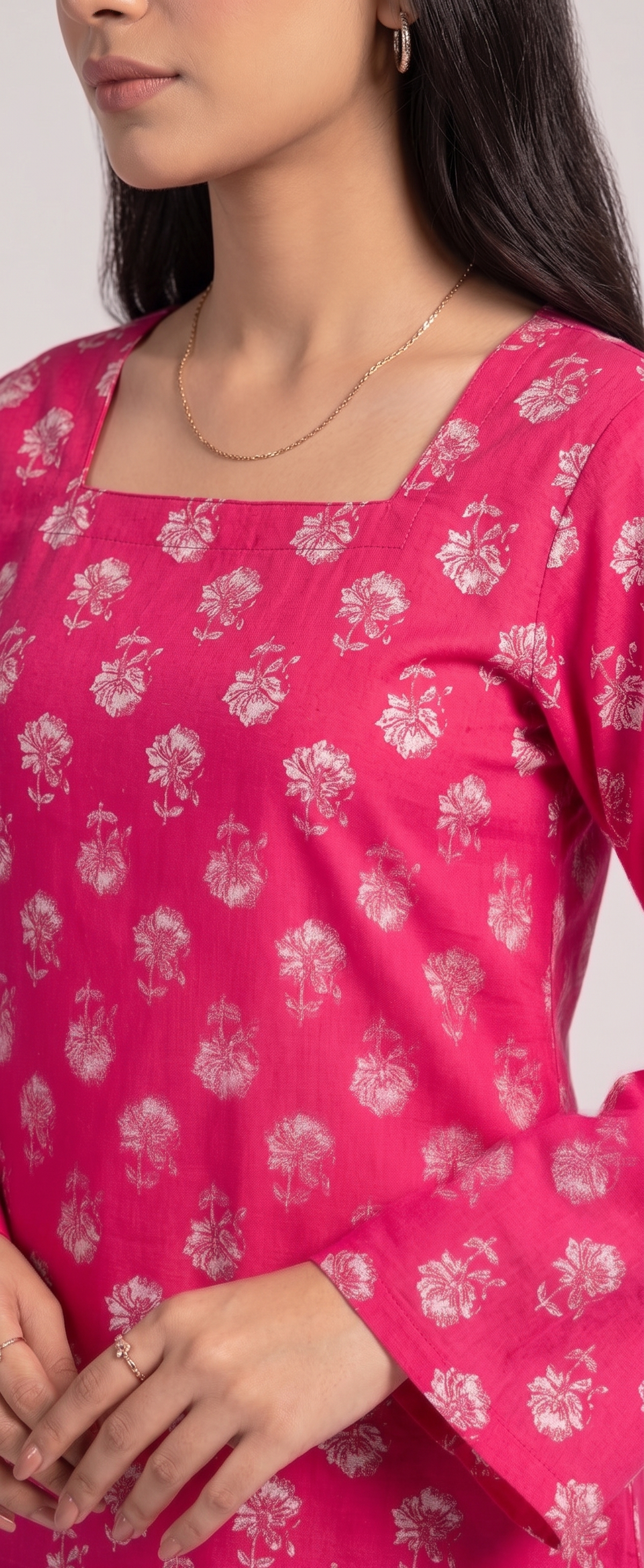 Women Rani Pink Floral Printed Rayon Designer Top with Back Dori & Square Neck