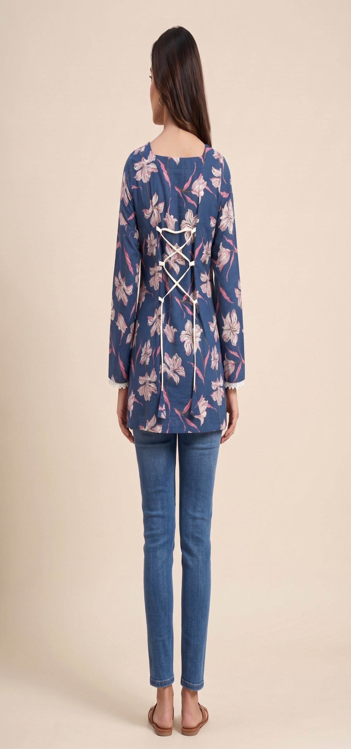 Women Blue Floral Printed Rayon Designer Top with Back Dori & Lace Detailing