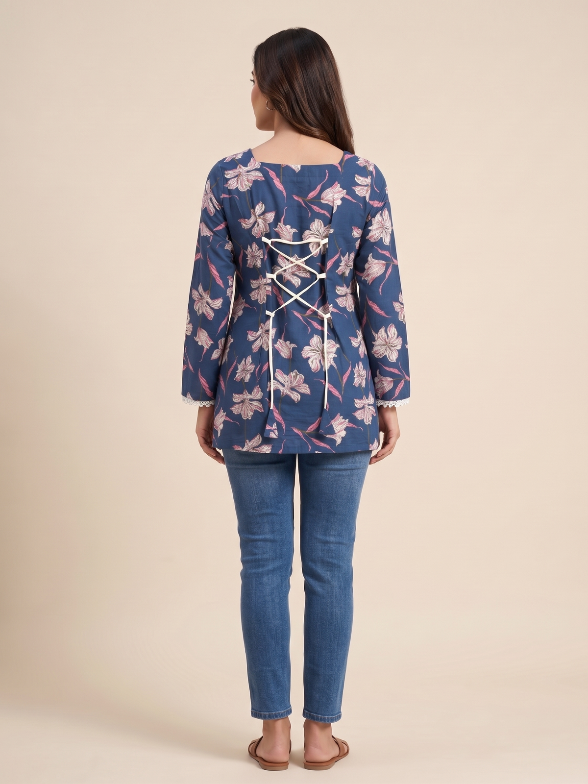 Women Blue Floral Printed Rayon Designer Top with Back Dori & Lace Detailing