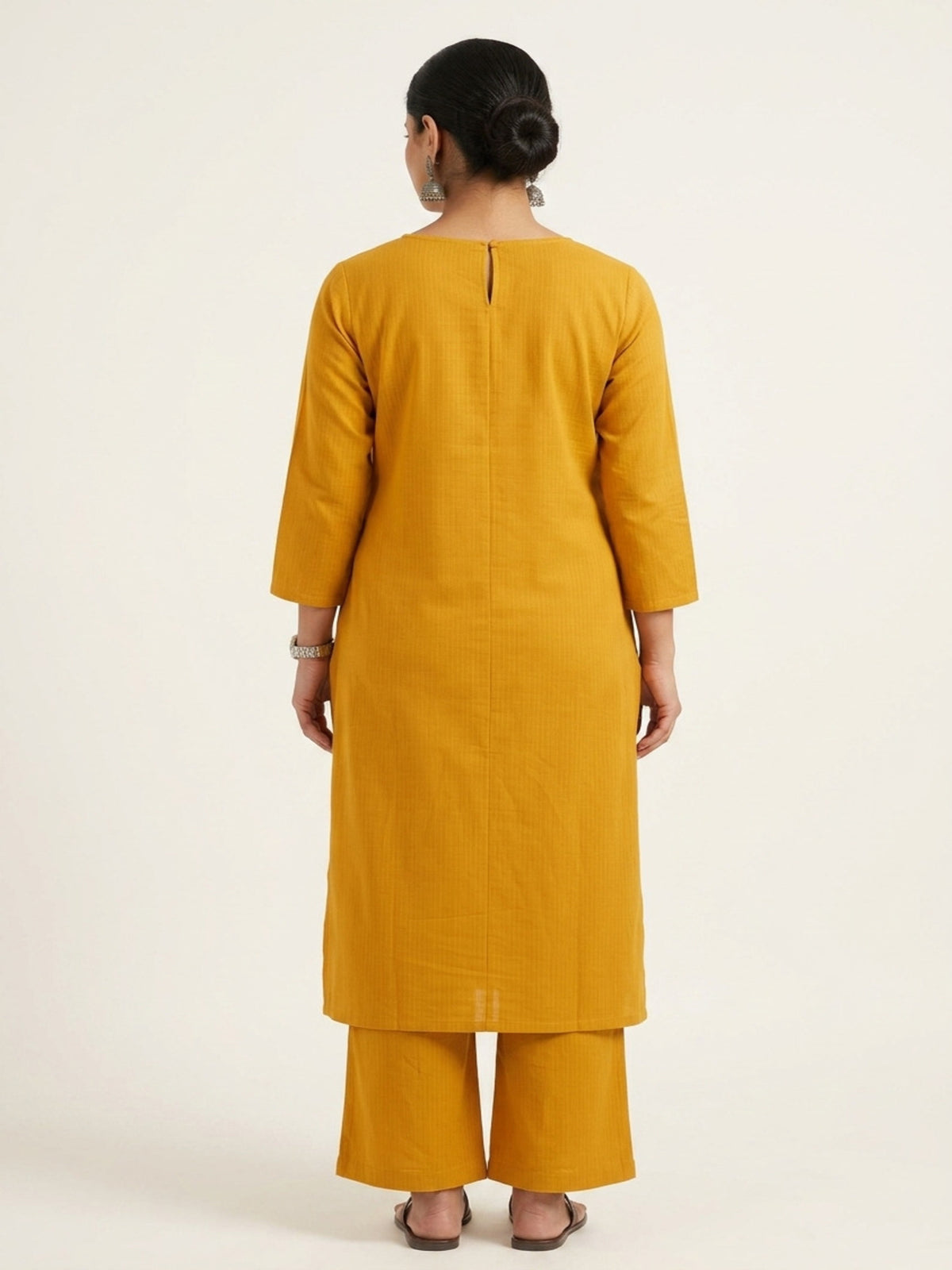 Women Yellow Cotton Slub Straight Kurta with Trousers