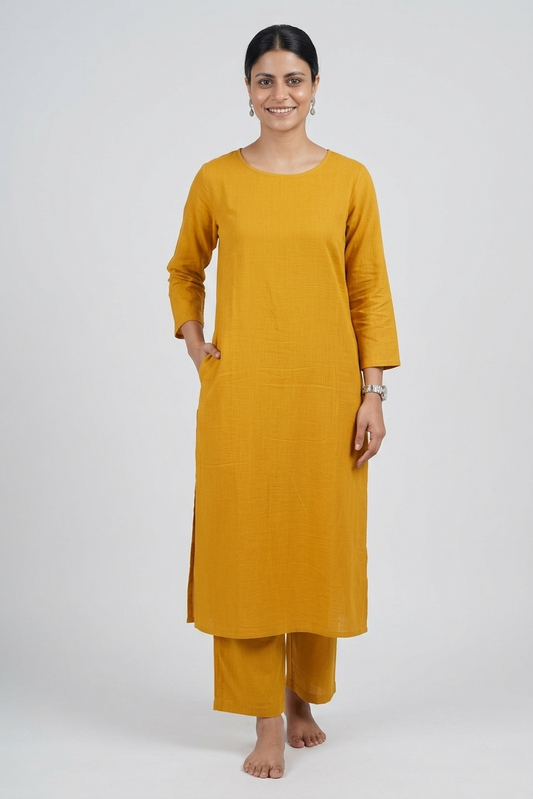 Women Yellow Cotton Slub Straight Kurta with Trousers