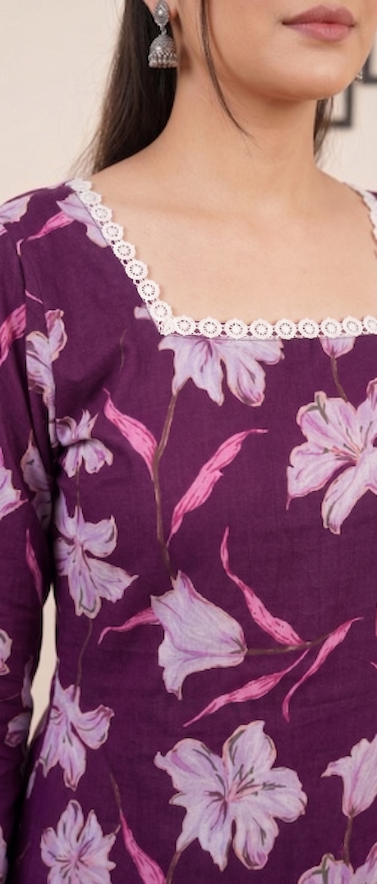 Women Purple Floral Printed Rayon Designer Top with Back Dori & Lace Border