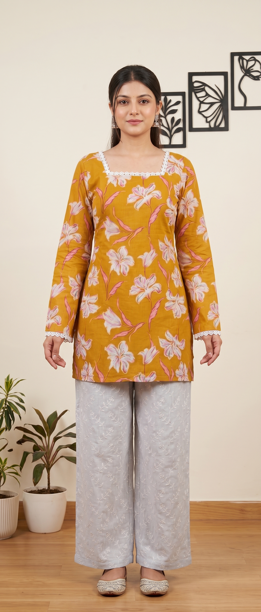 Women Yellow Floral Printed Rayon Designer Top with Back Dori & Lace Border
