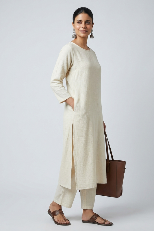 Women White Cotton Slub Straight Kurta with Trousers