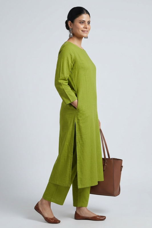 Women Green Cotton Slub Straight Kurta with Trousers
