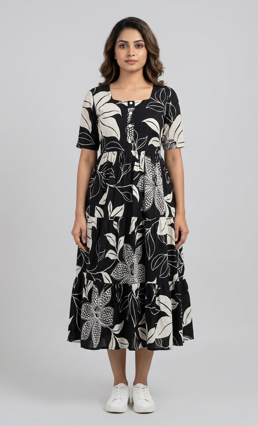 Women Black & Off-White Floral Printed Rayon Tiered Long Frock Kurti.