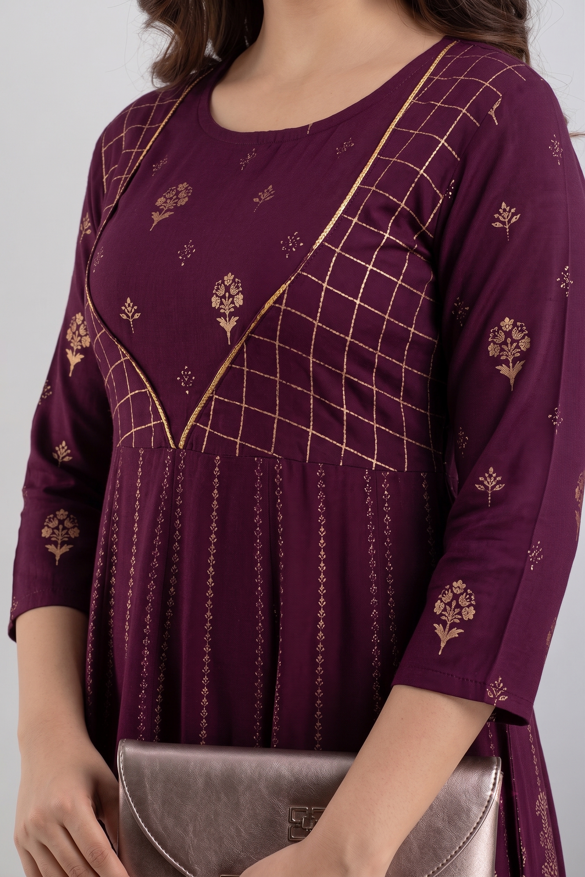 Women Maroon Floral Printed Rayon Tiered Anarkali Kurti / Gown
