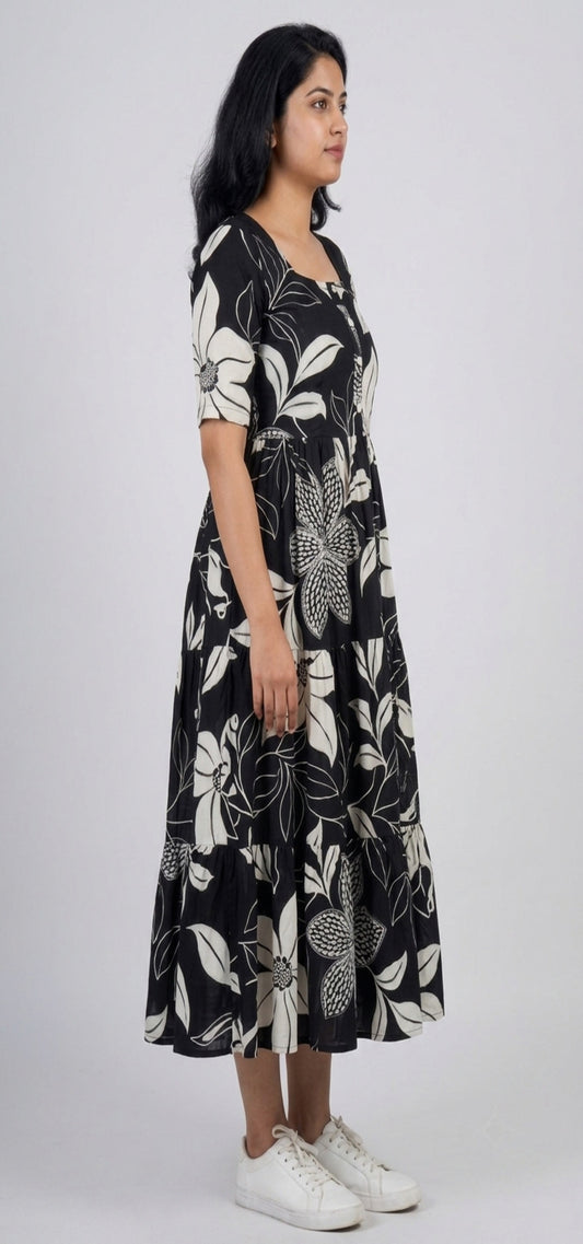 Women Black & Off-White Floral Printed Rayon Tiered Long Frock Kurti.
