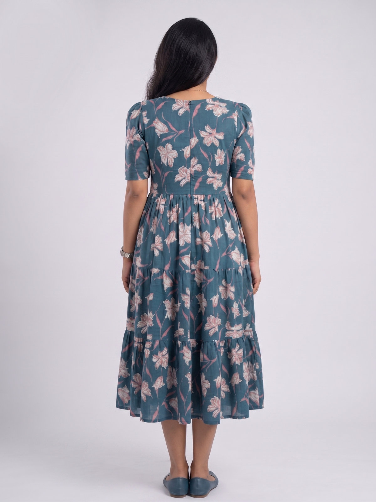 Women Teal Blue Floral Printed Rayon Tiered Long Frock Kurti.